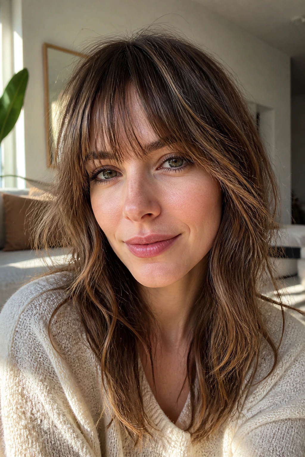 Close-up of real woman with textured French-girl fringe in sunlit room