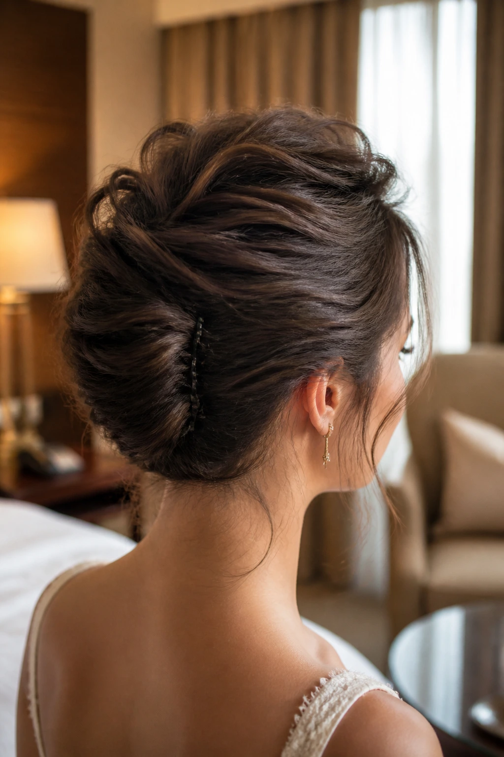Close-up of textured French twist on a real woman, crown lift in warm bridal suite light