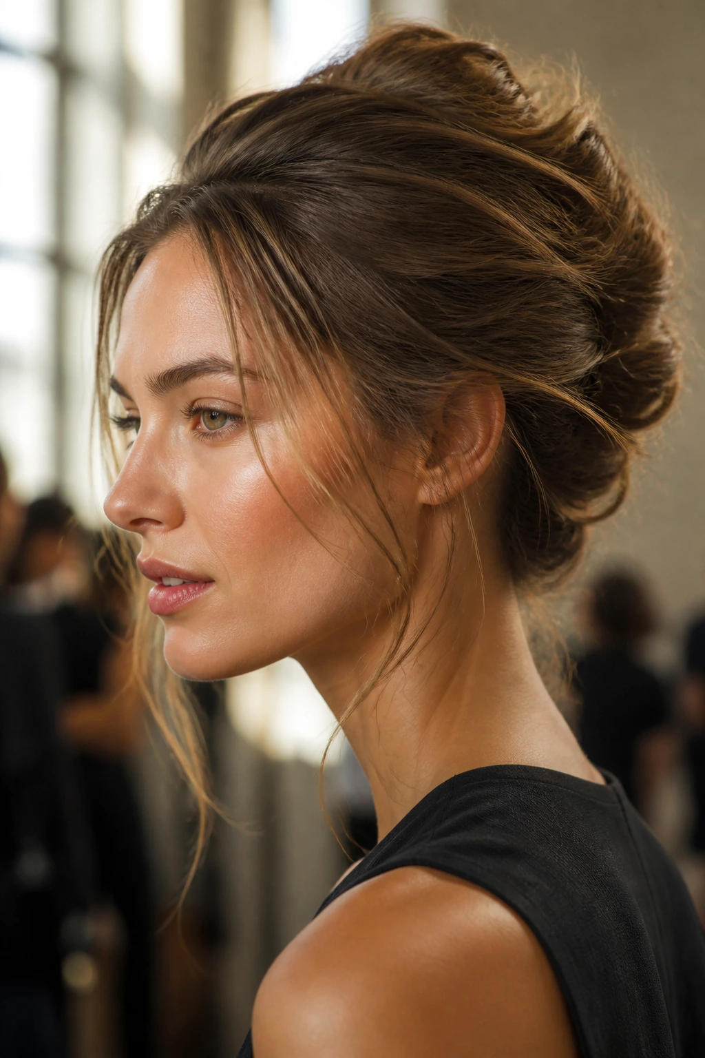 Close-up of a real woman with a textured French twist, soft front pieces, backstage fashion lighting