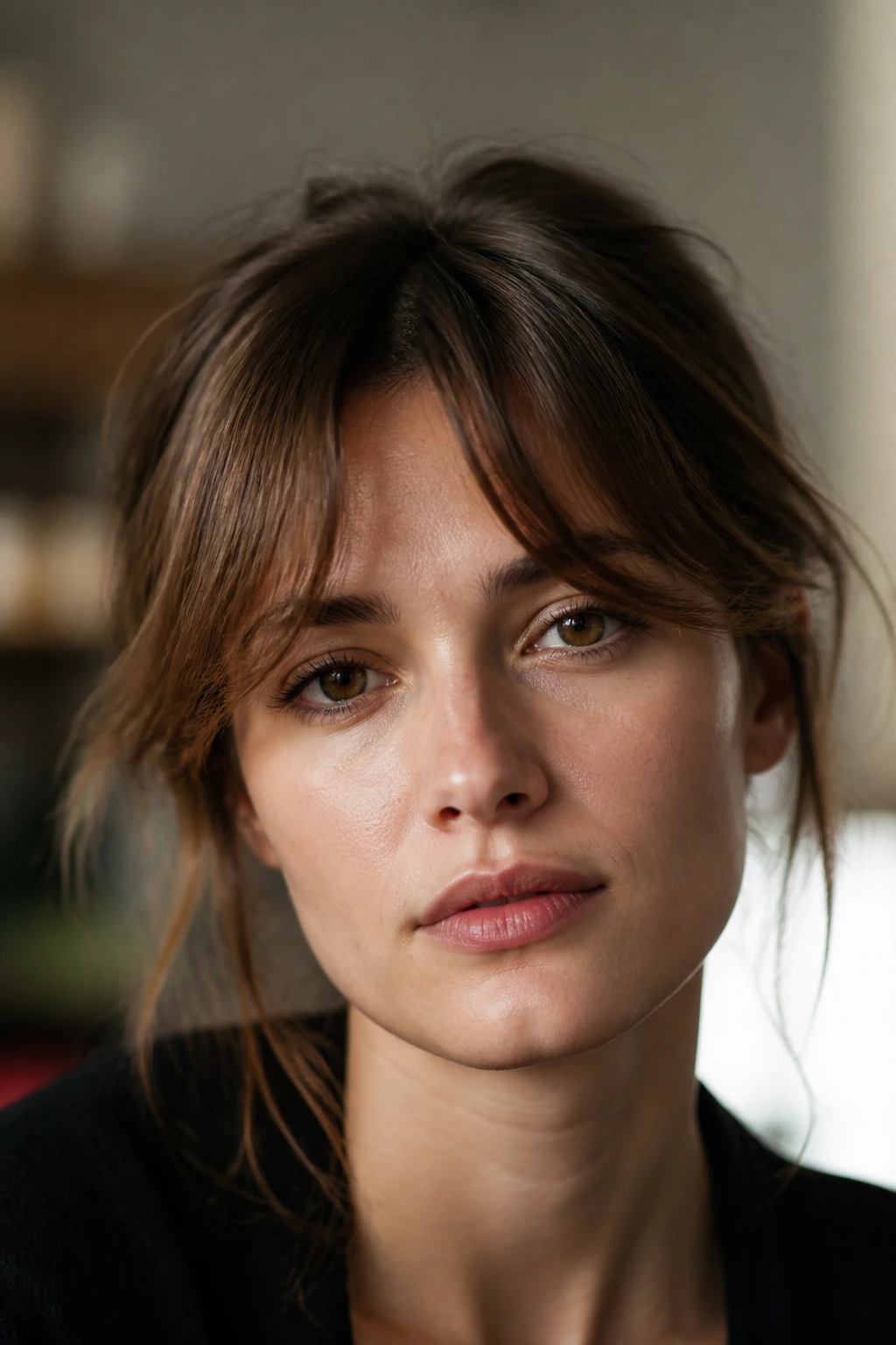 Real woman with textured French-girl fringe opened up