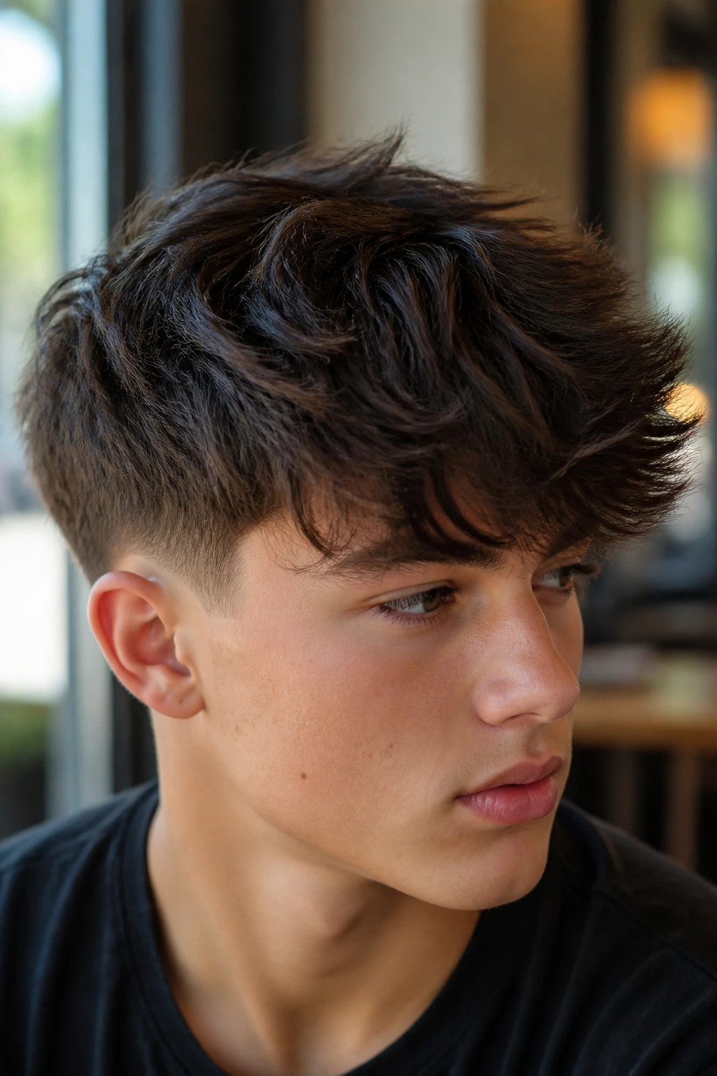 Close-up of a real boy with textured fringe swoop and movement