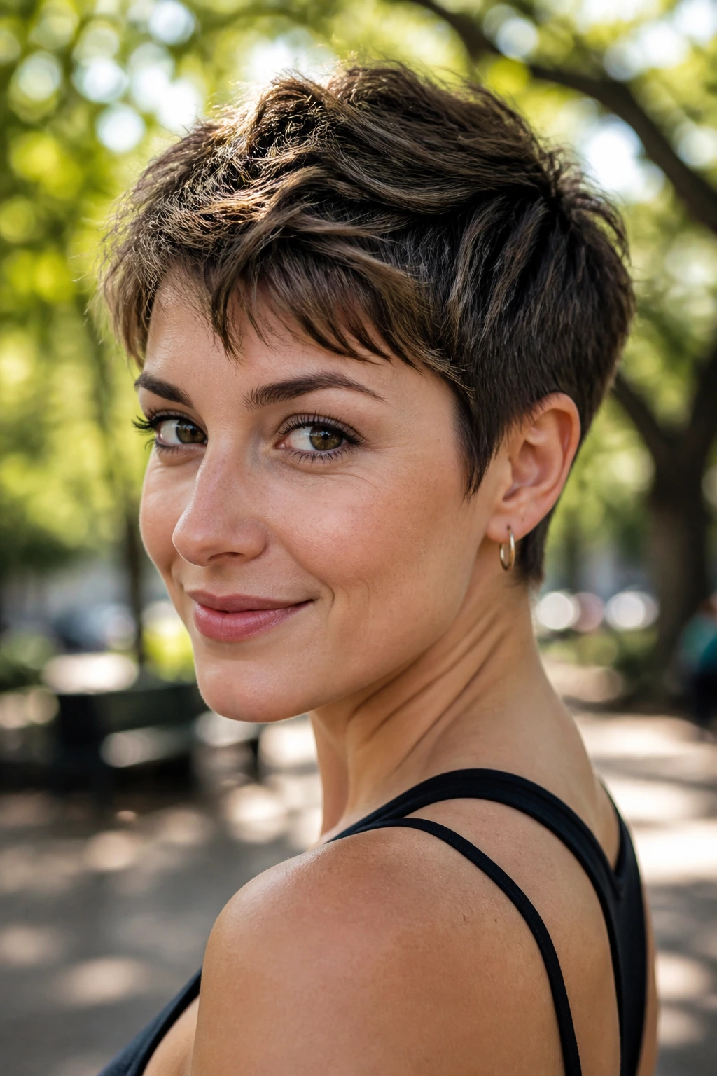 Close-up of a real woman with a textured gamine cut hairstyle