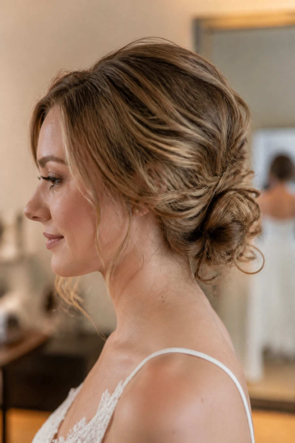 Profile view of a real woman with a textured Gibson tuck at the nape