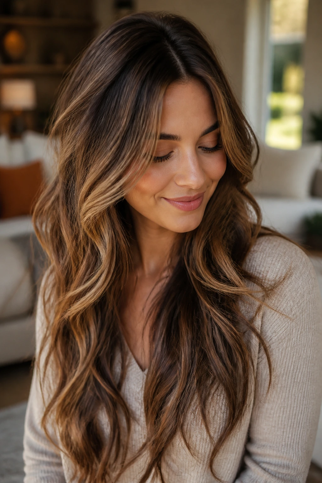 Portrait of a real person with textured hair showing loose waves and long layers.