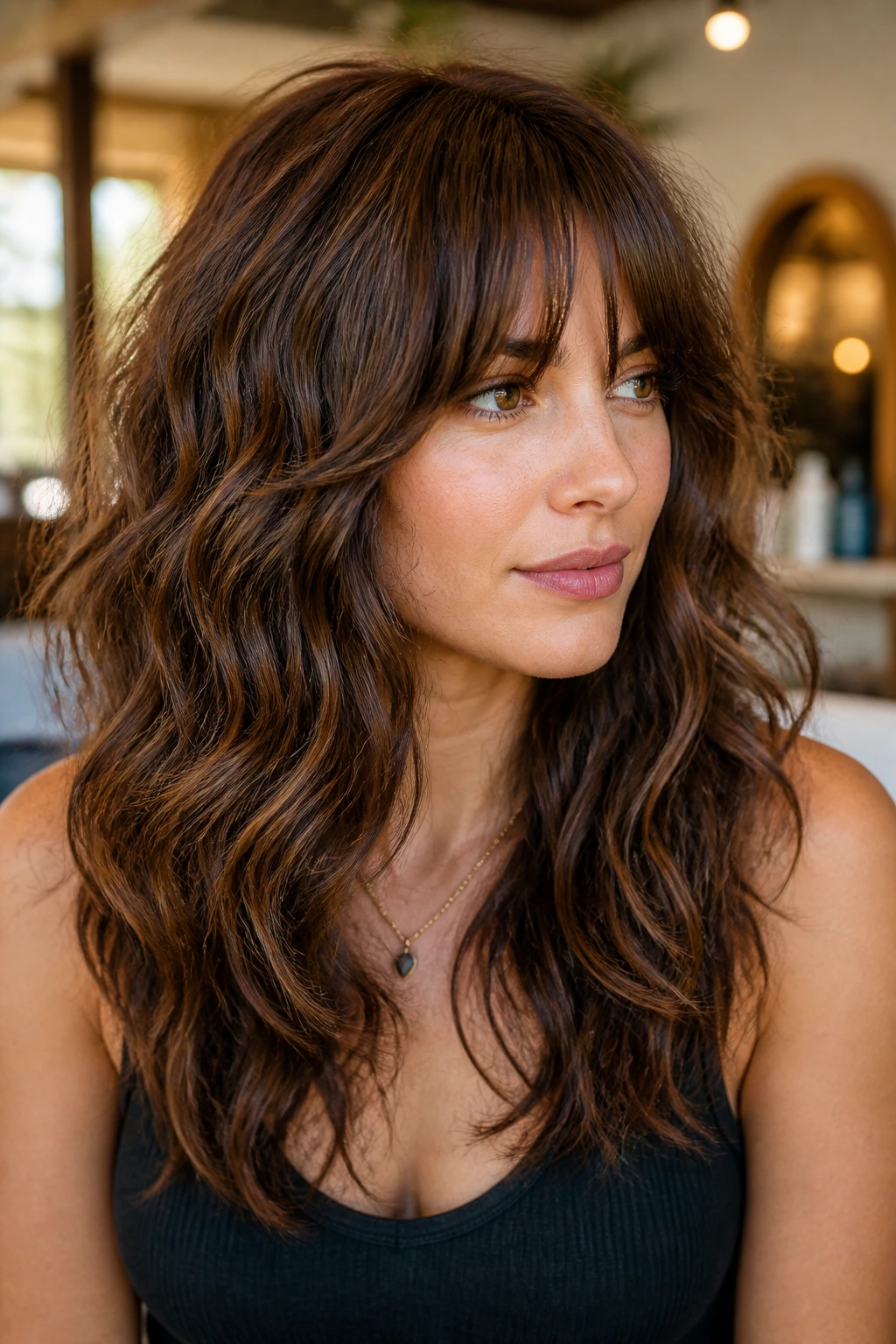 Close-up of a real woman with textured U-shape haircut and bottleneck bangs