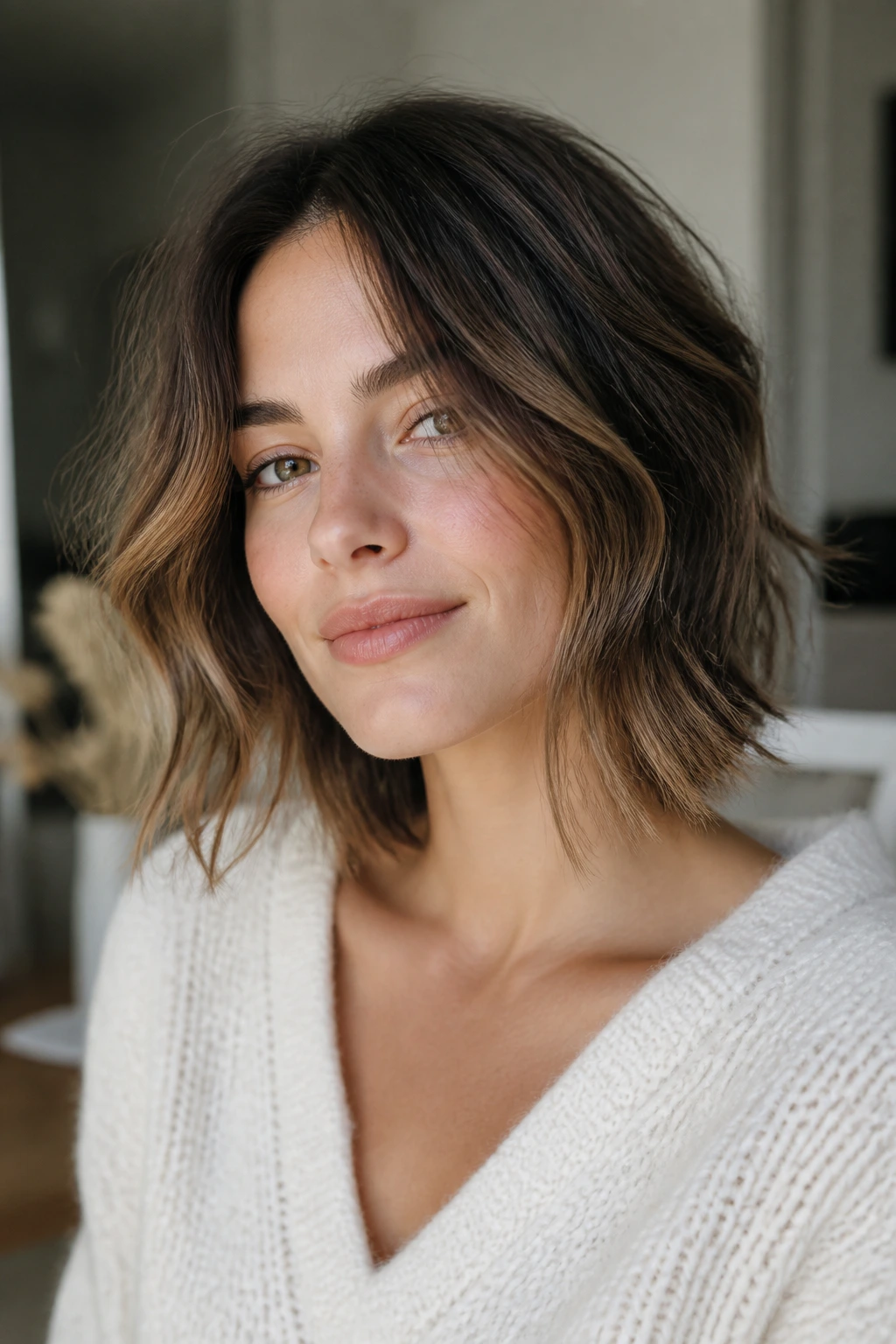 Portrait of a real woman with a textured hairstyle in natural light