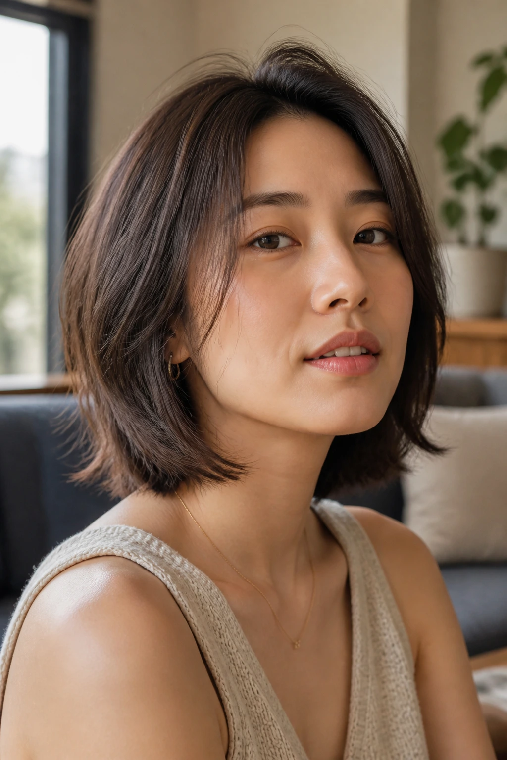 Close-up of a textured hush cut bob on a real woman