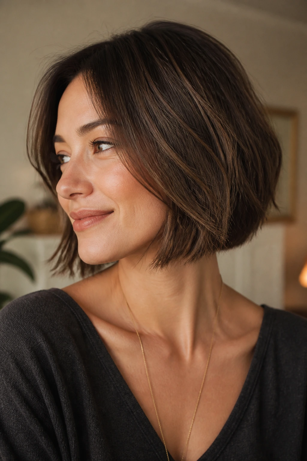 Close-up portrait of a real woman with a textured jaw-length bob.