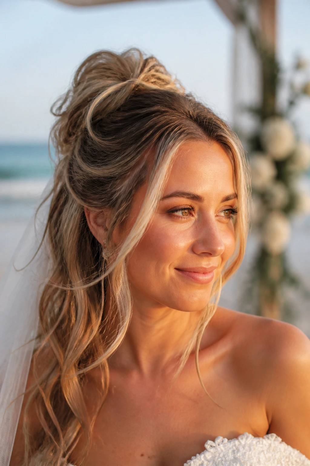 Close-up bride with textured knot half-up hairstyle on beach.