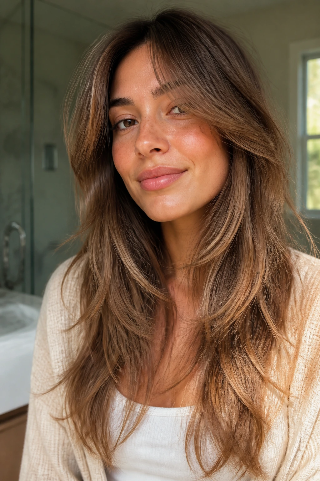 Close-up of a real woman with textured face-framing layers for an air-dry look.