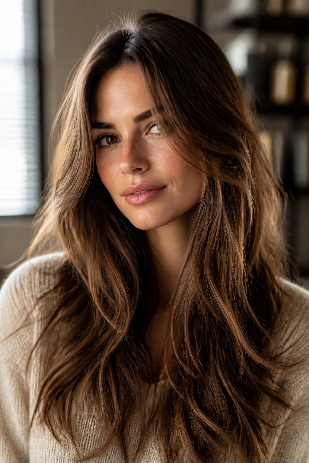 Close-up of a real person with long hair showing texture and movement from textured layers