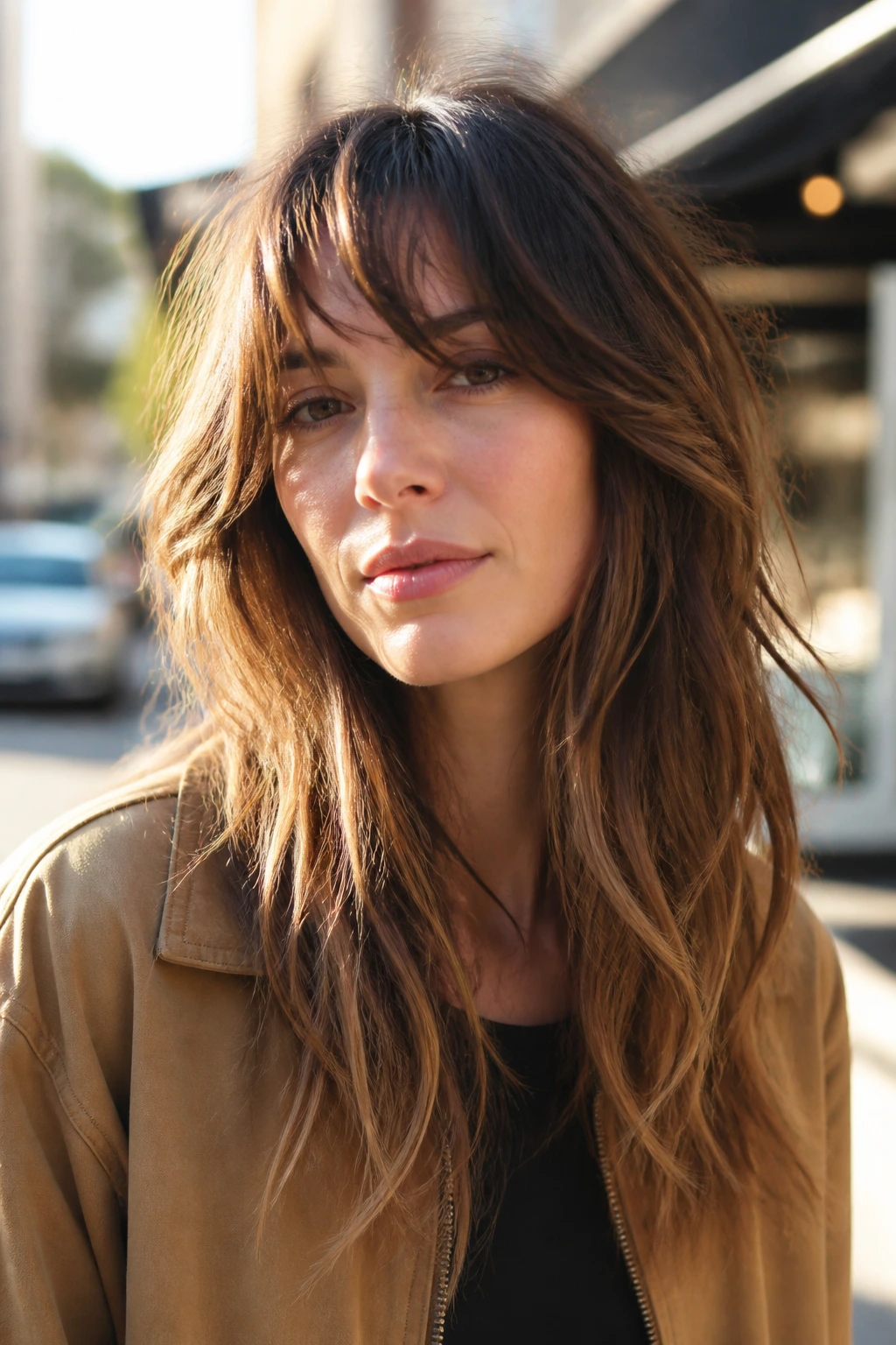 Close-up portrait of a real woman with textured weekend layers in outdoor sun