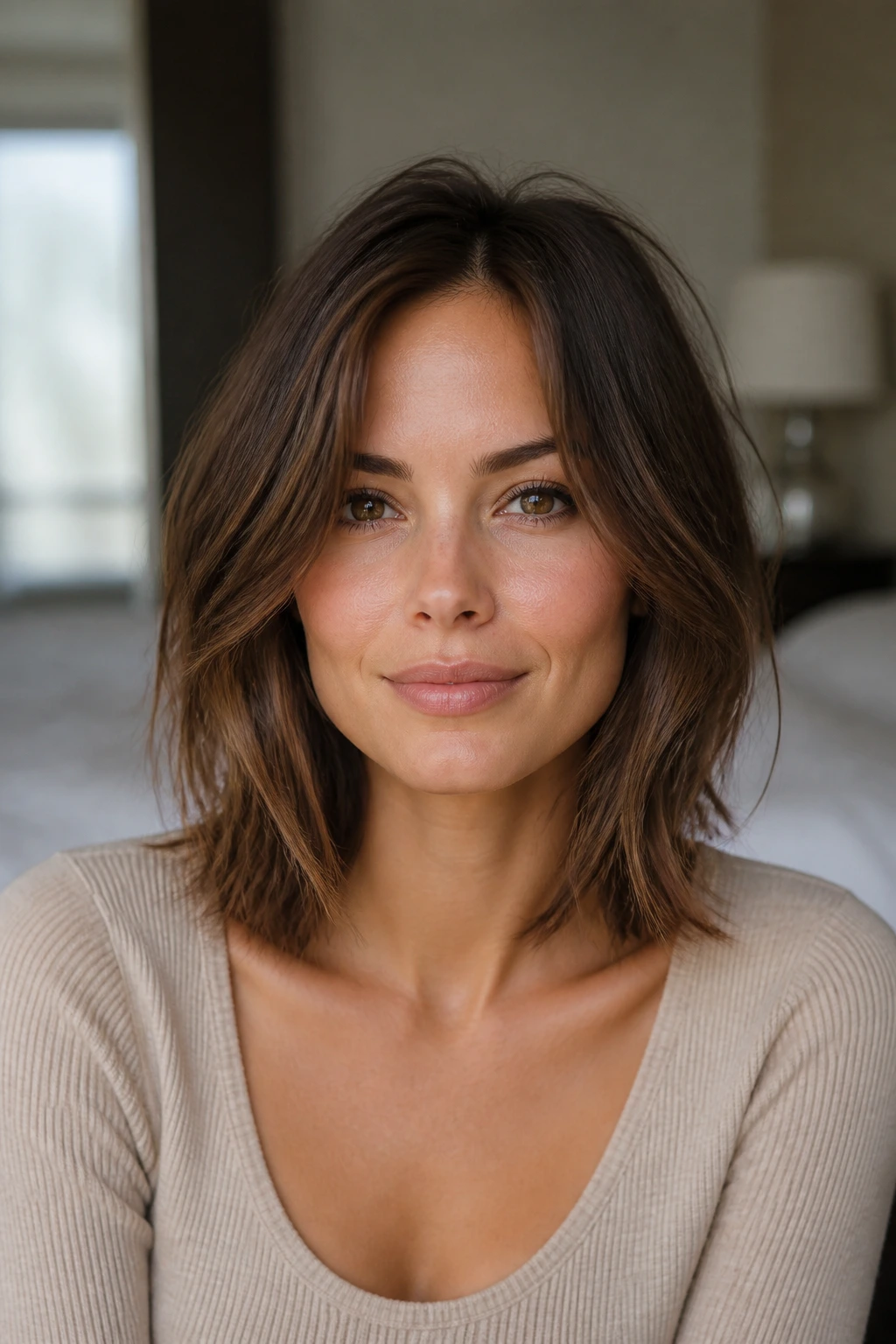 Close-up of a woman with a textured lob and airy ends in natural window light
