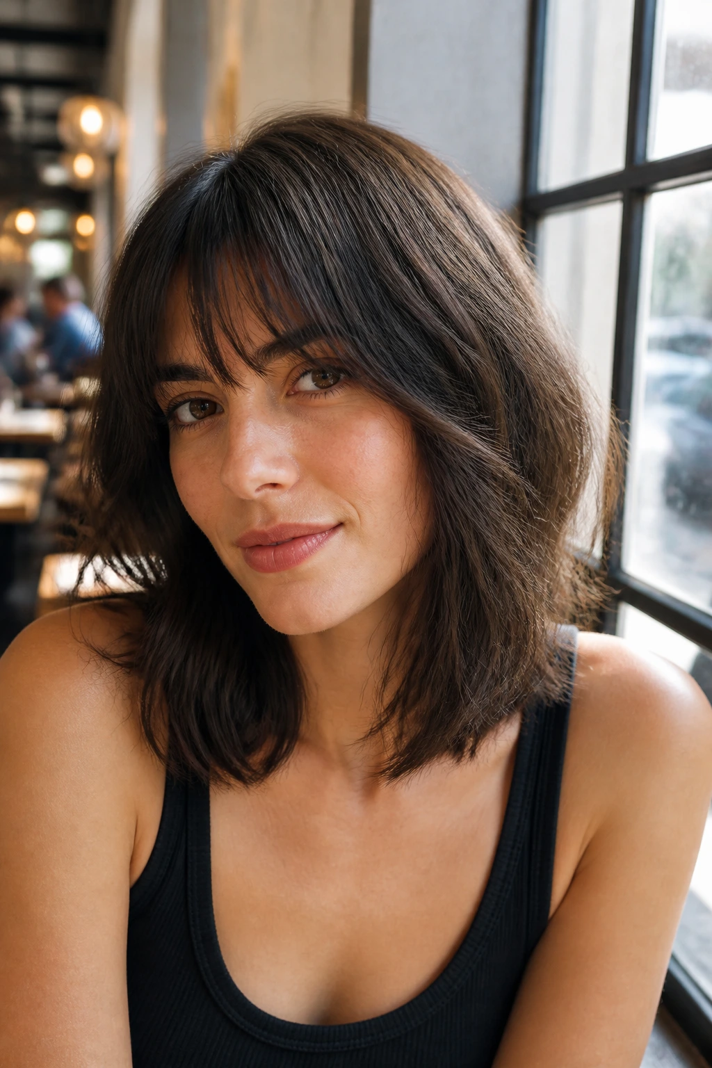 Close-up of a real woman with textured lob bangs framing her face in cafe lighting