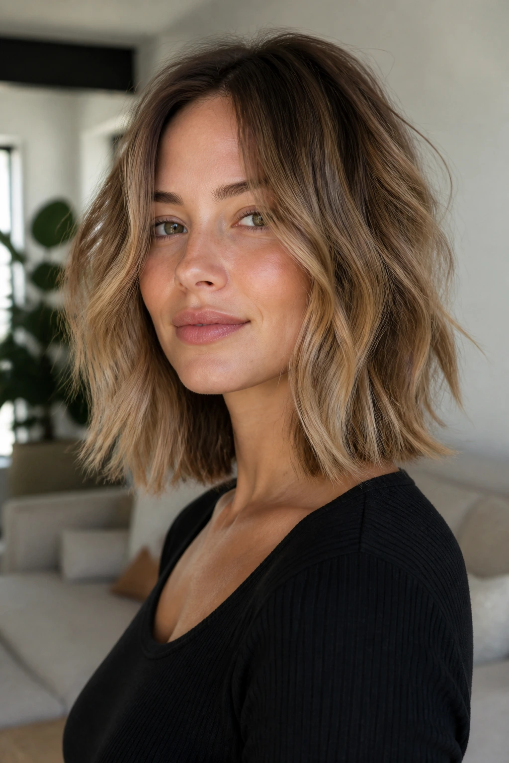 Shoulder-length textured lob with choppy ends on a real person
