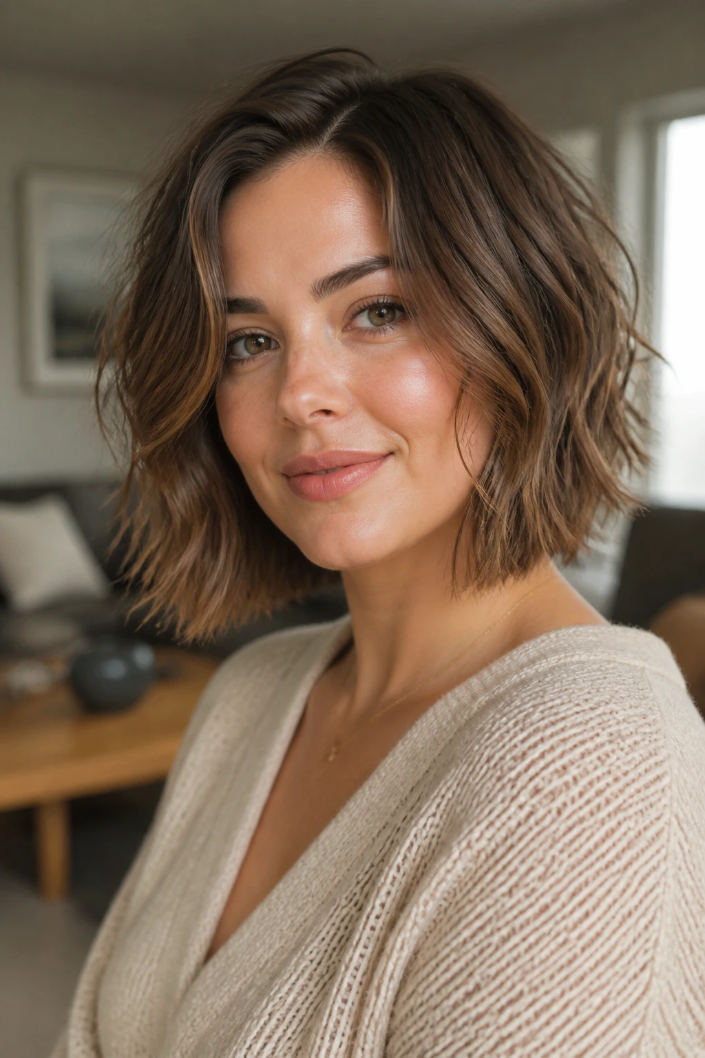 Close-up of a real woman with a textured cropped lob and choppy ends in natural window light