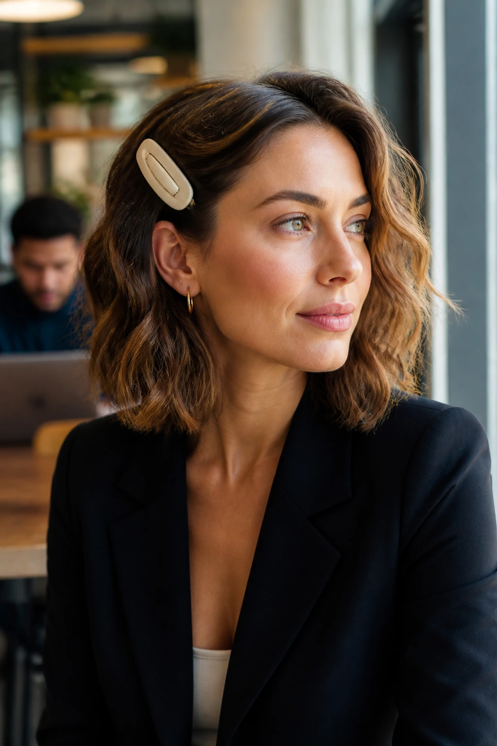 Portrait of a real woman with a textured lob and a bold statement clip