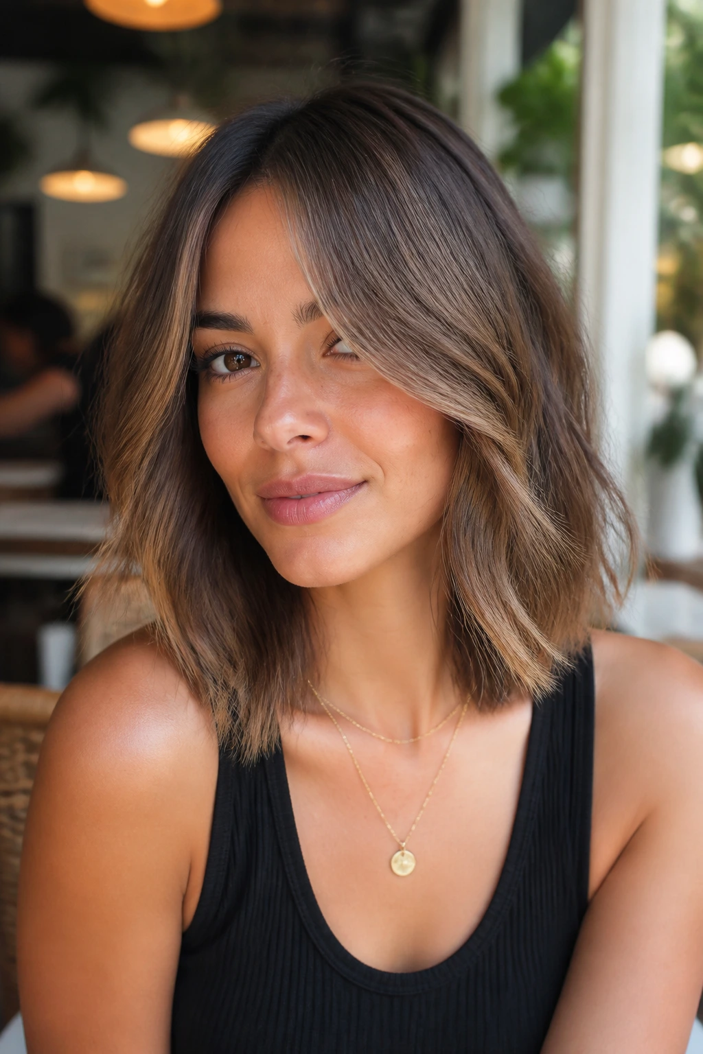 Real woman with textured lob and curtain bangs close-up