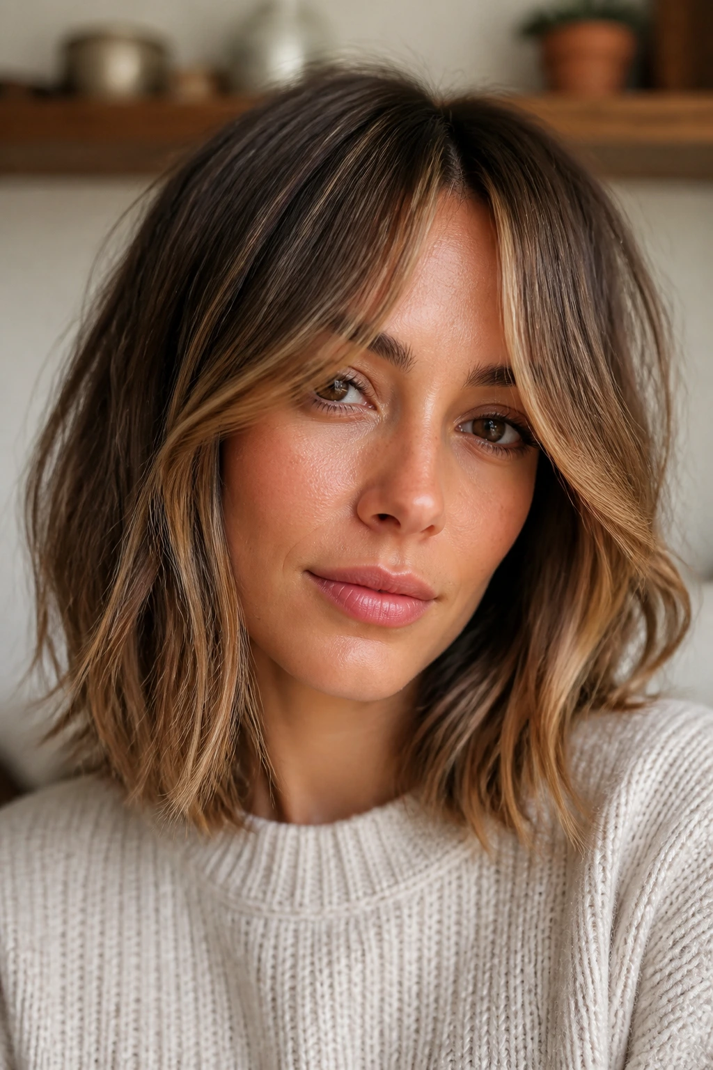 Textured lob with curtain bangs on a real woman.
