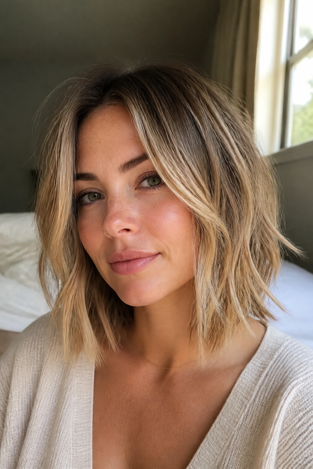 Close-up portrait of a person with textured lob for fine hair with lift at crown.