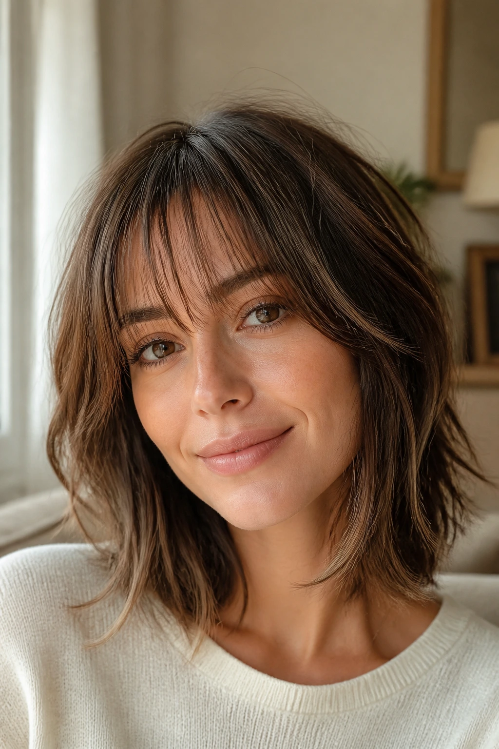 Close-up portrait of a woman with a textured lob and see-through fringe in natural window light