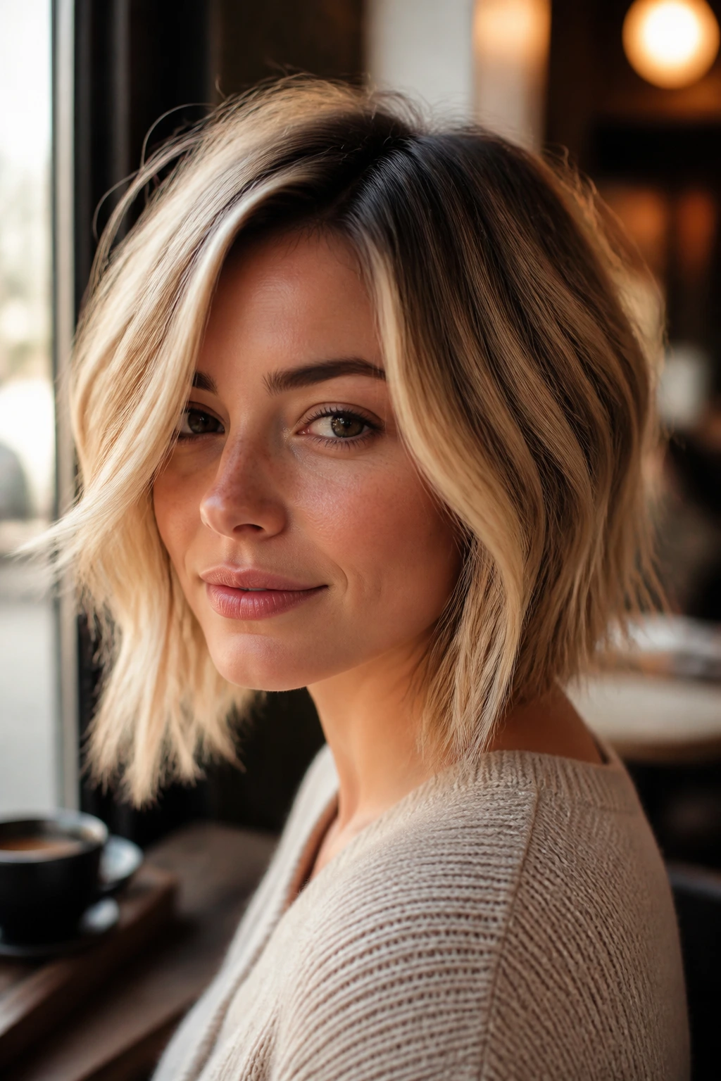 Close-up portrait of a real woman with a textured lob and short front angle in beige blonde, sunlit cafe