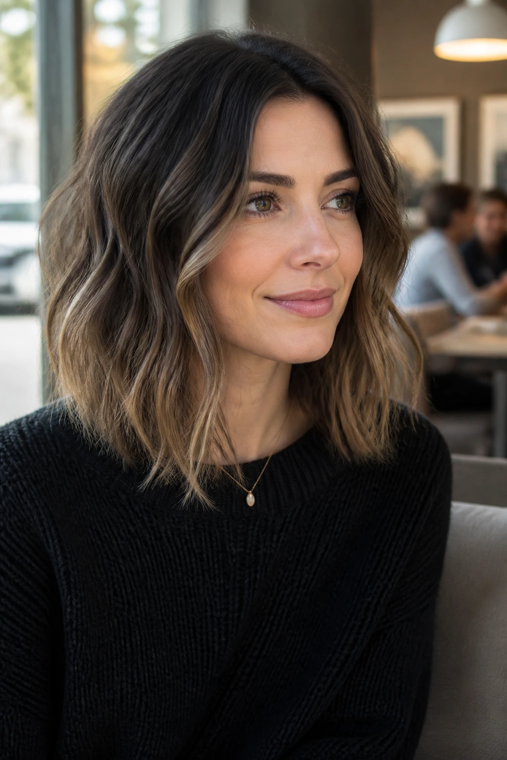 Real woman with textured lob and grown-out ends in cafe daylight