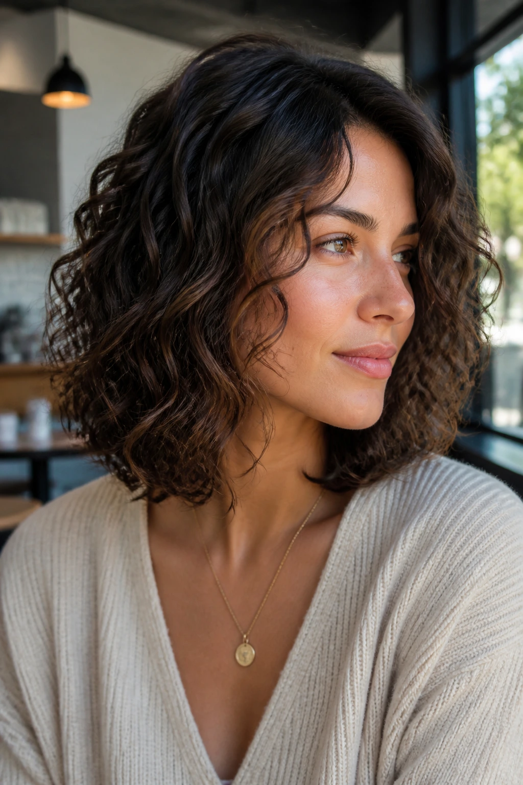 Portrait of real woman with textured lob and hidden layers