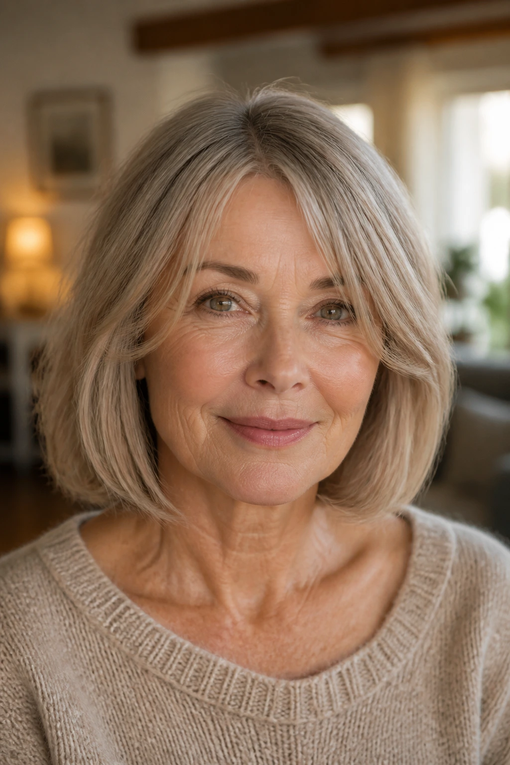 Portrait of an older woman with a collarbone-length textured lob and invisible layers.