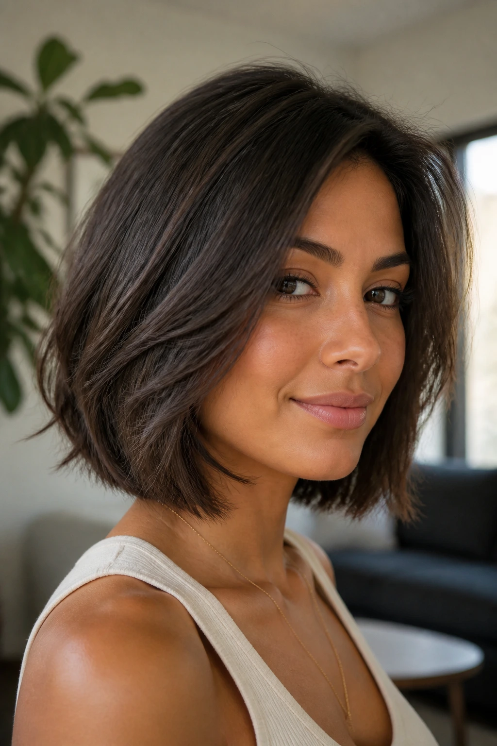 Close-up of a real woman with a textured lob and micro-layers