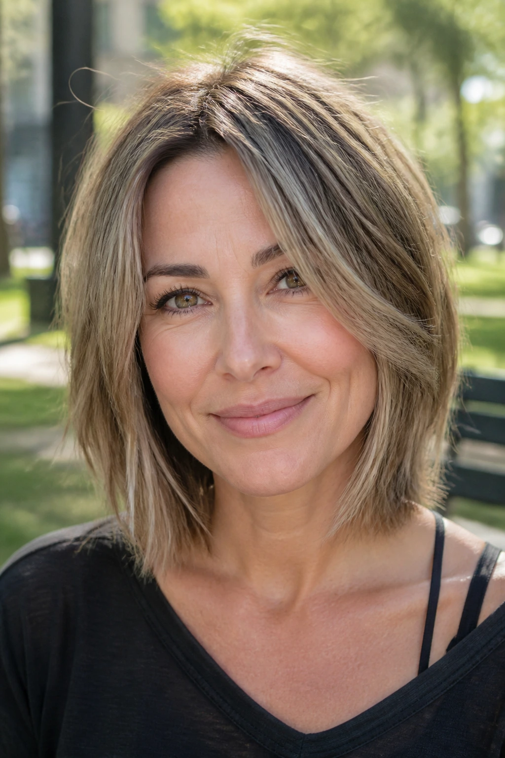 Woman with textured lob and micro-layers outdoors in sunny park light