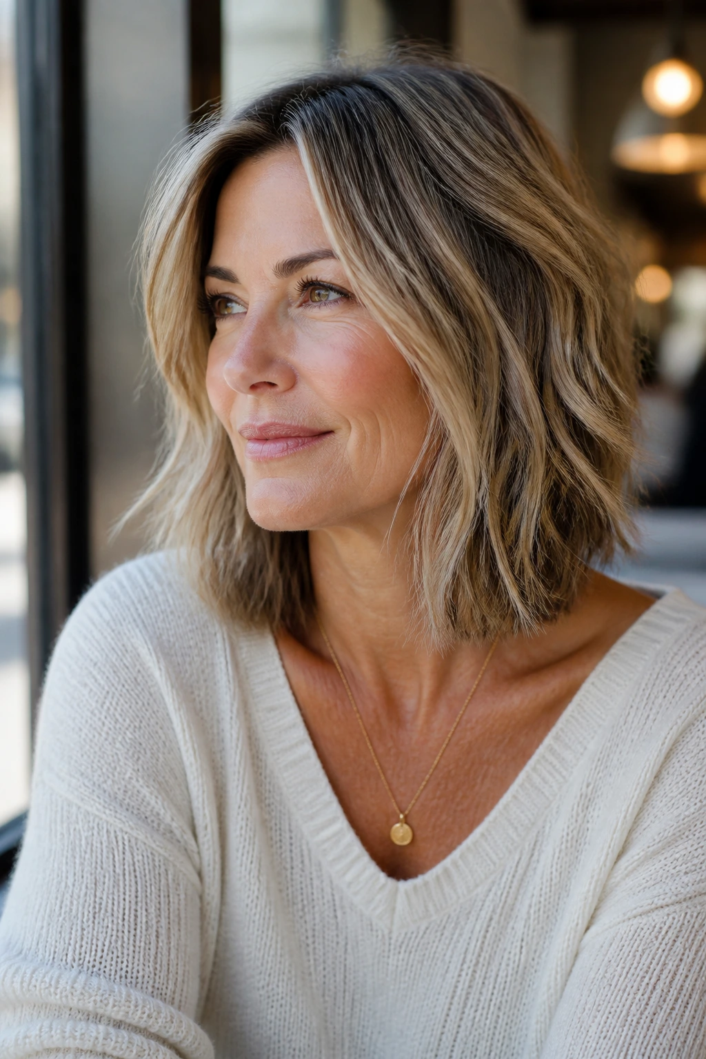 Close-up of a textured collarbone-length lob with loose movement