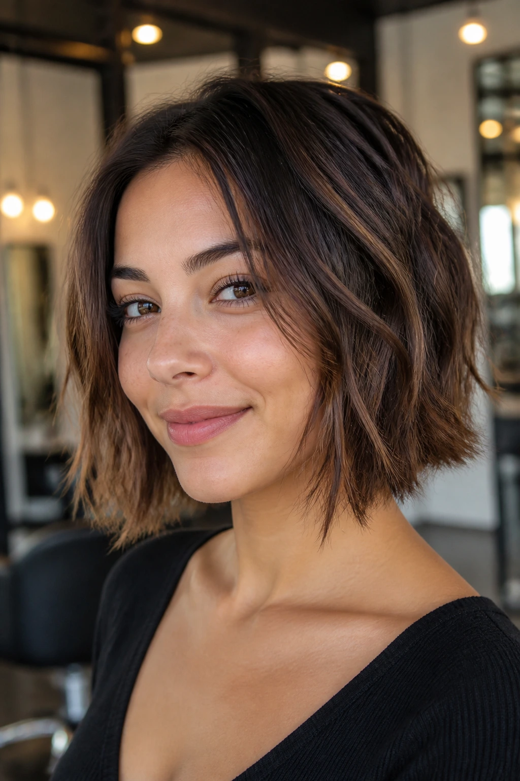 Portrait of person with textured lob and piecey ends