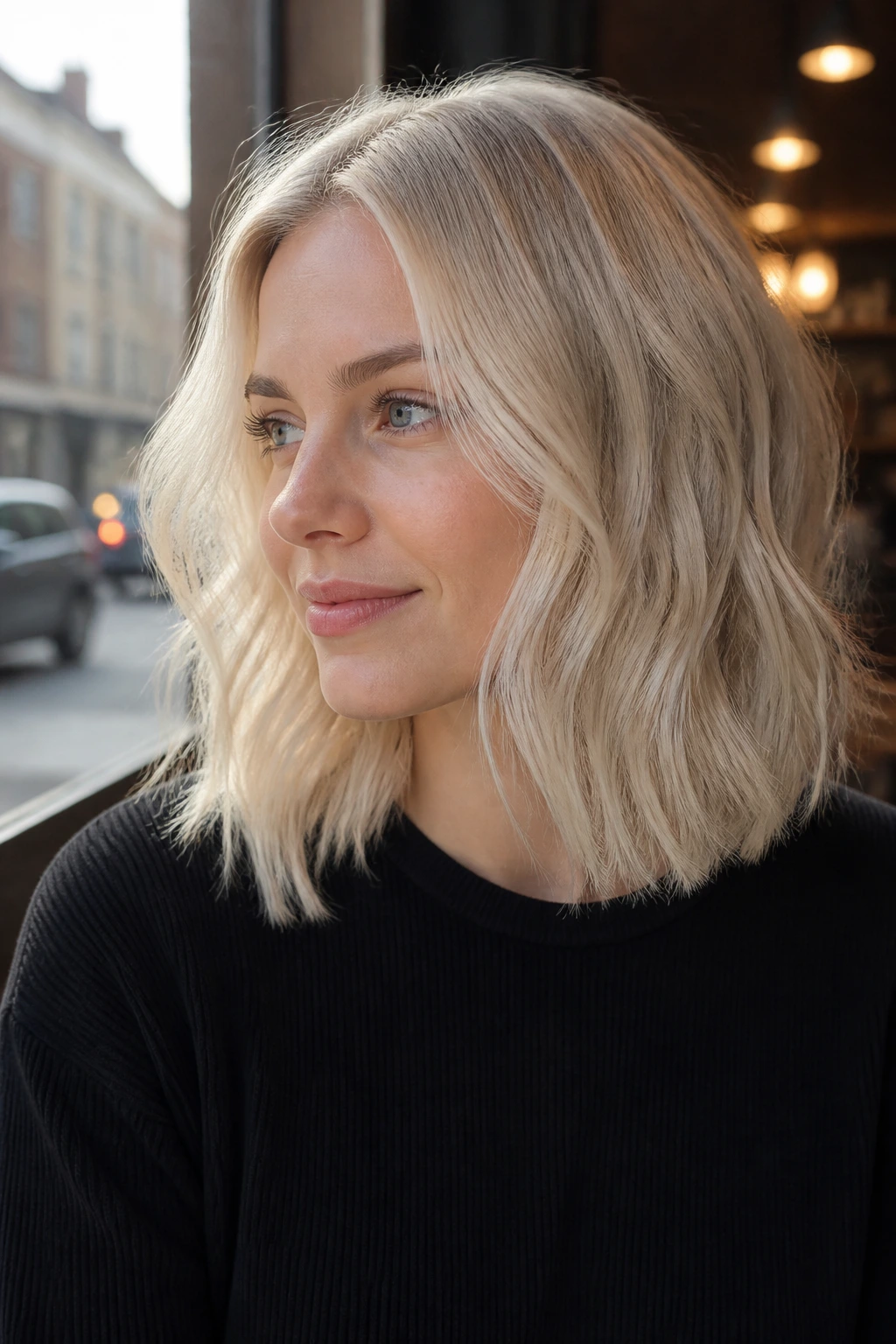 Close-up of a real woman with textured shoulder-length lob in platinum blonde.