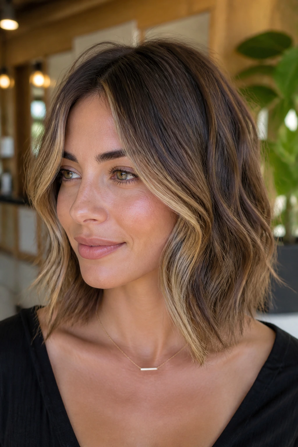 Close-up portrait of a real woman with a textured lob and two face-framing ribbons