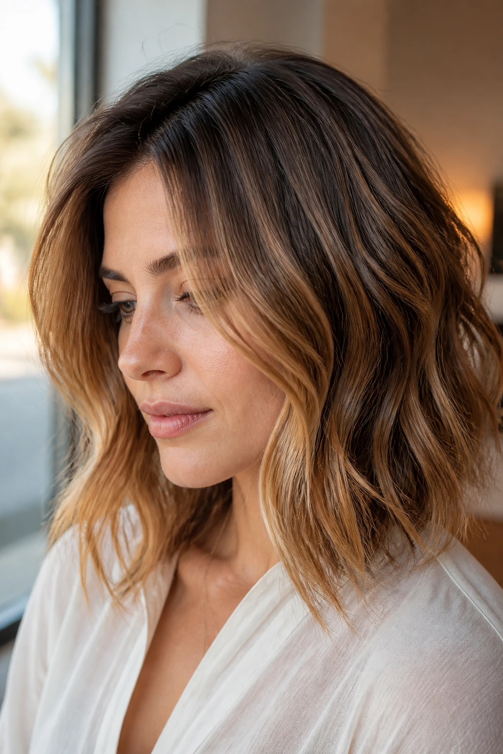 Close-up of a real woman with a textured lob and root smudge.