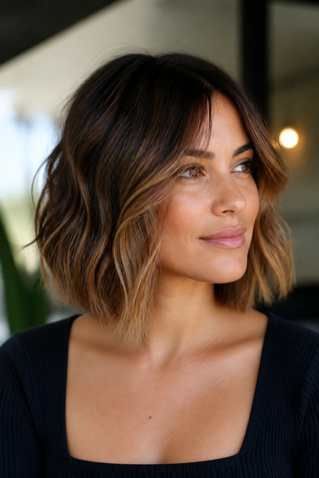 Real woman with textured lob showing movement on a round face in warm light.