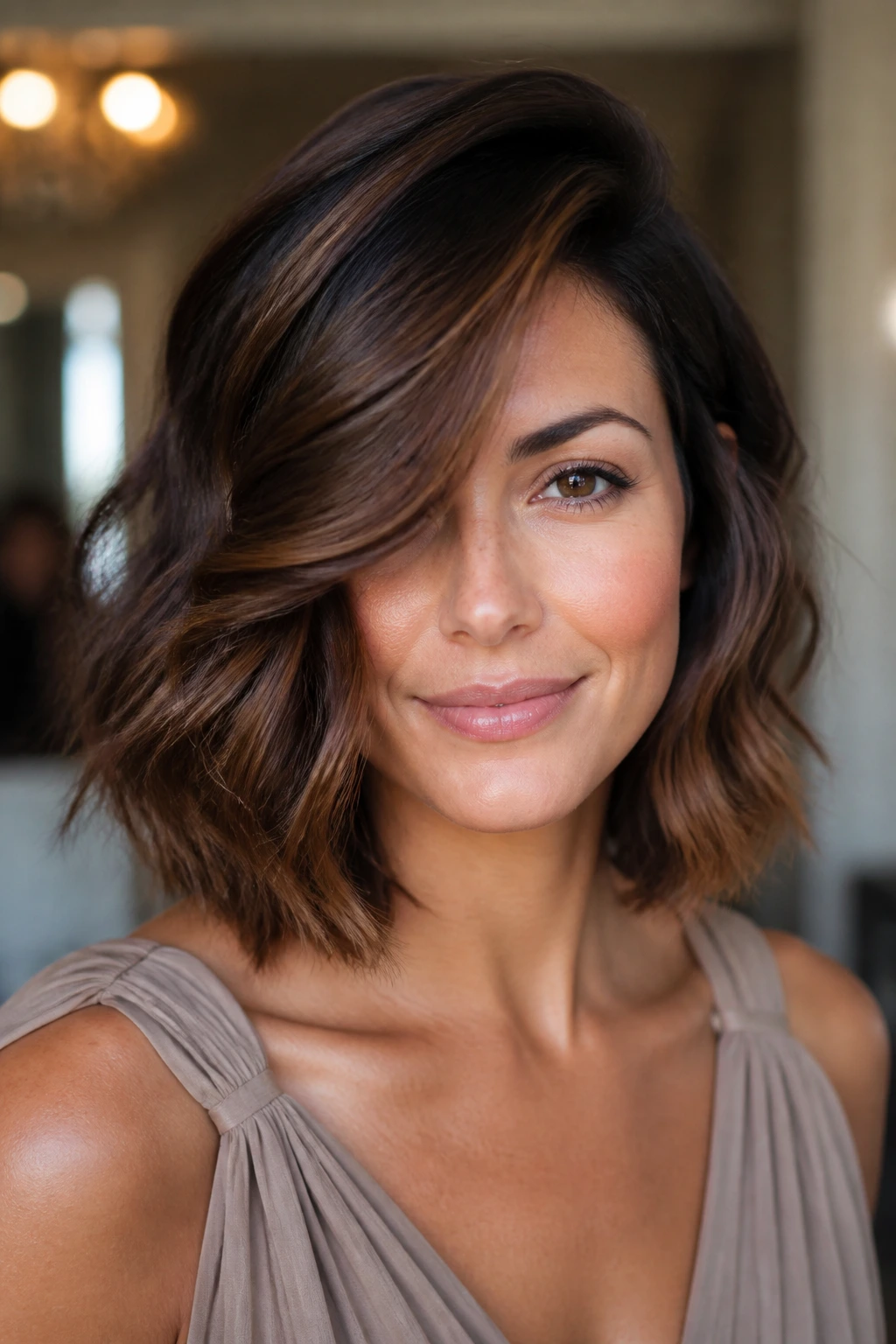 Real woman with textured lob and deep side sweep