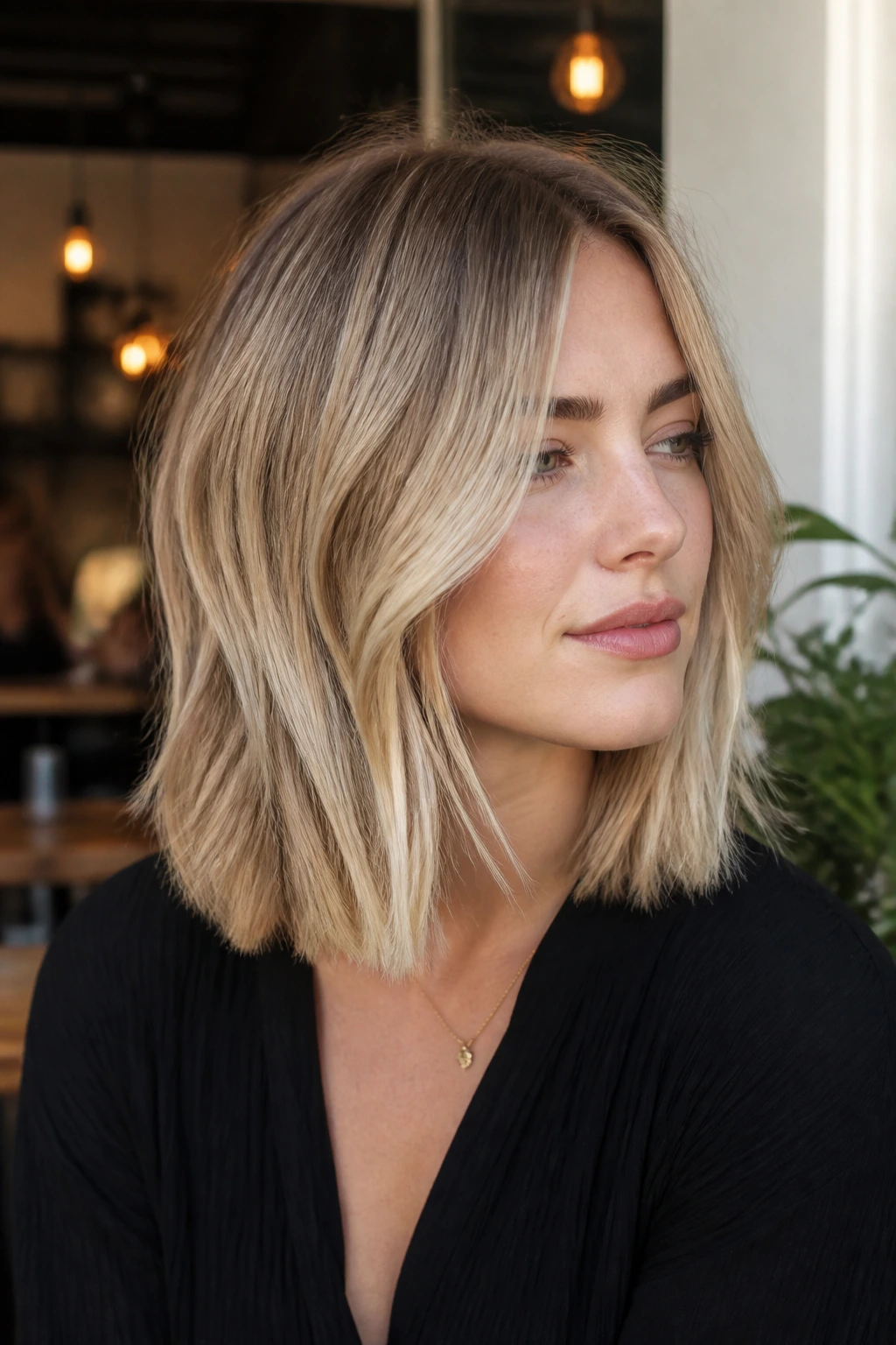 Close-up of real woman with textured lob and sliced ends in soft lighting