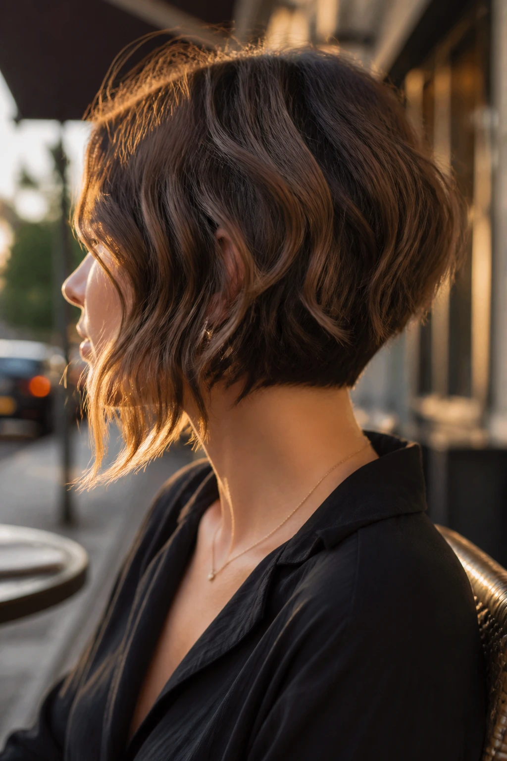 Medium close-up of a woman with textured lob and subtle undercut at the nape