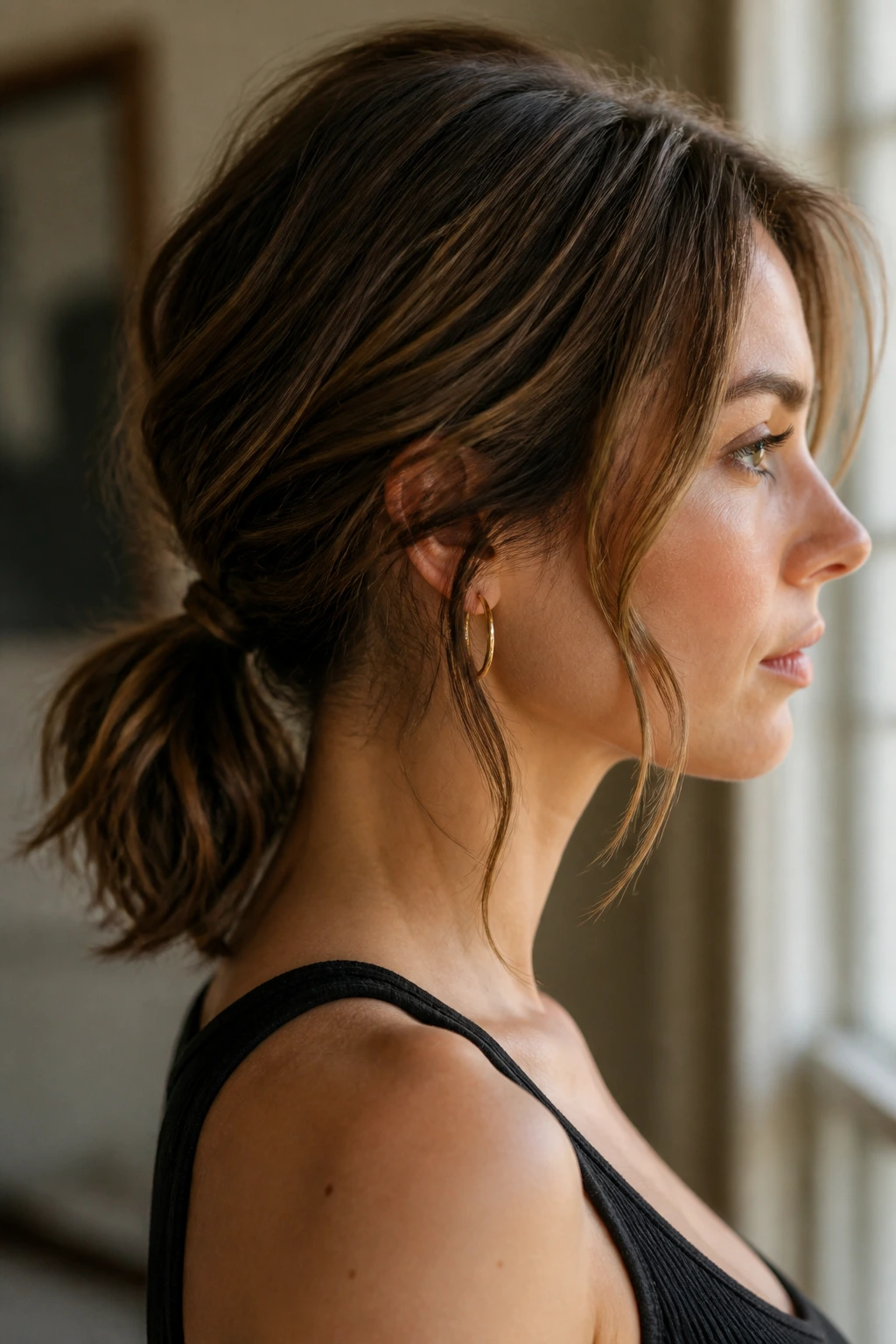 Portrait of a real woman with a textured low pony and loose pieces around the temples.