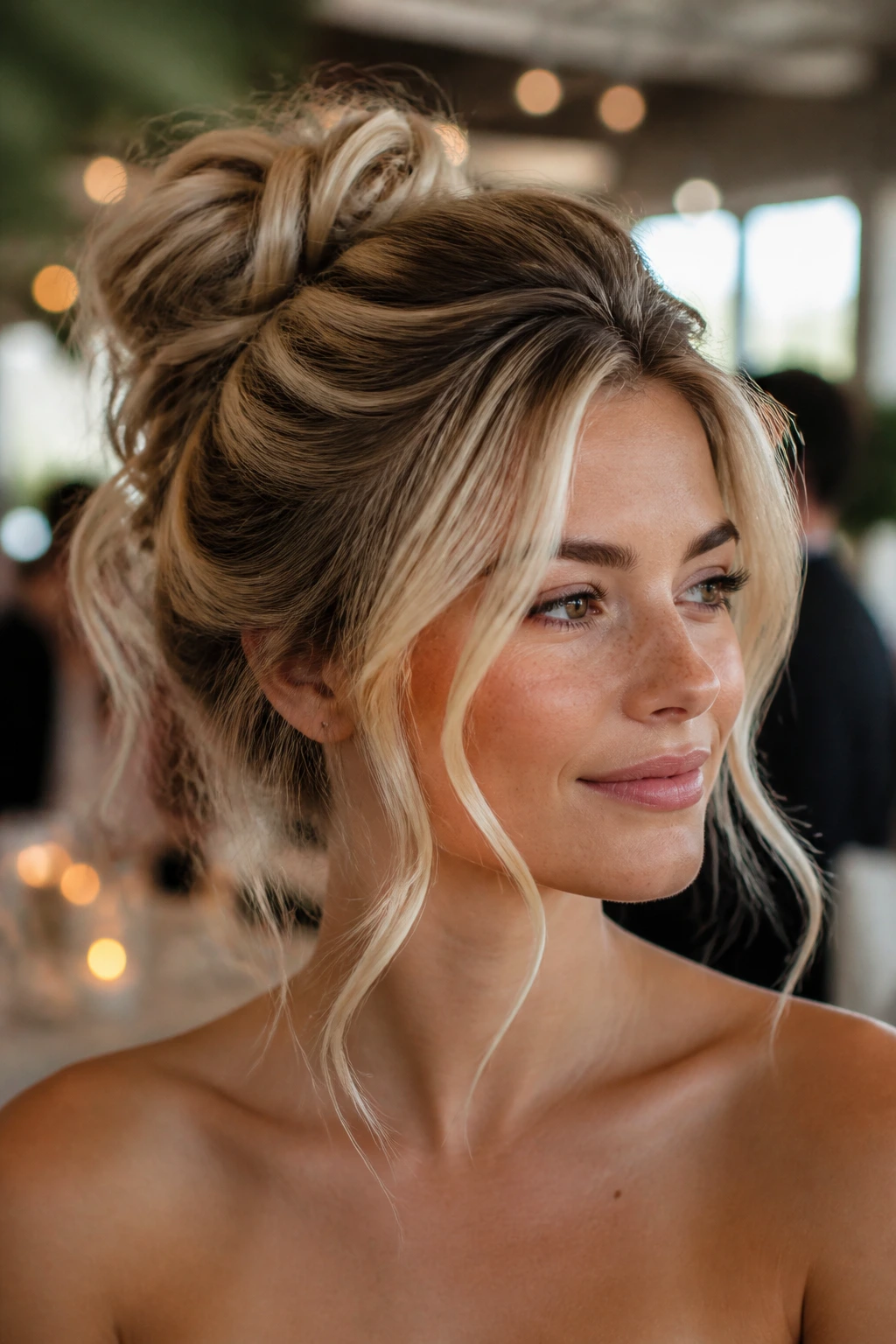Close-up of a real woman's head with a textured messy bun and wispy front pieces
