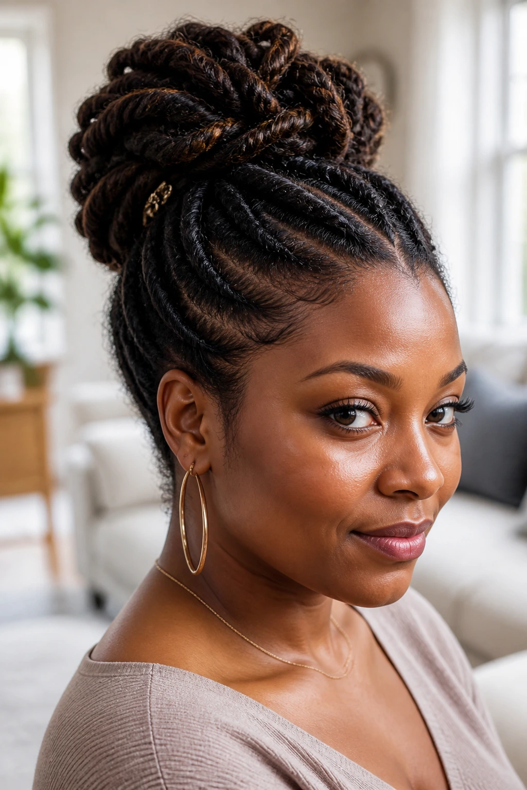 Close-up of a real woman with a textured messy twist bun secured with pins