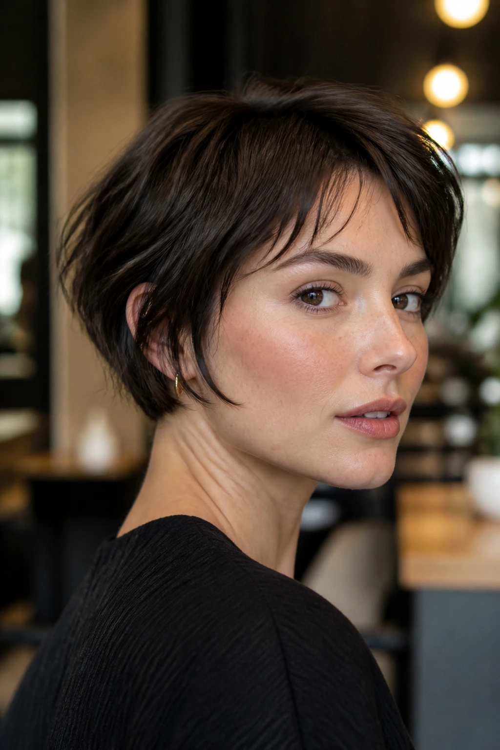Close-up of a real person with a textured micro bob showing lift and texture