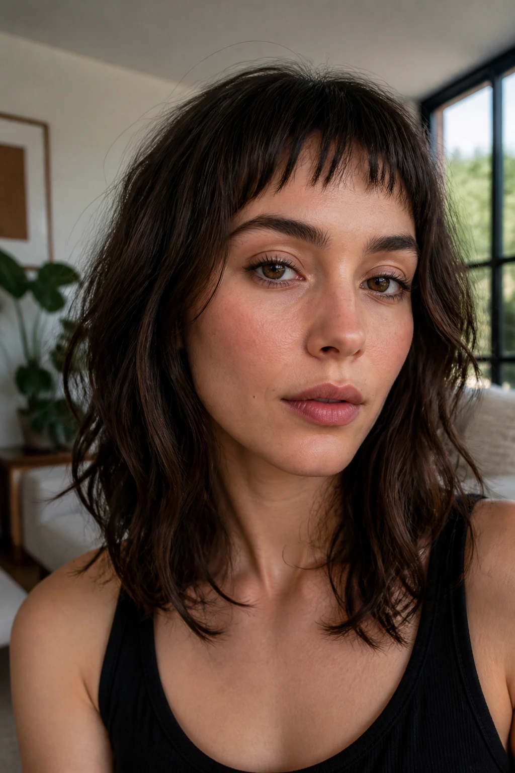 Real woman with textured micro fringe above brows