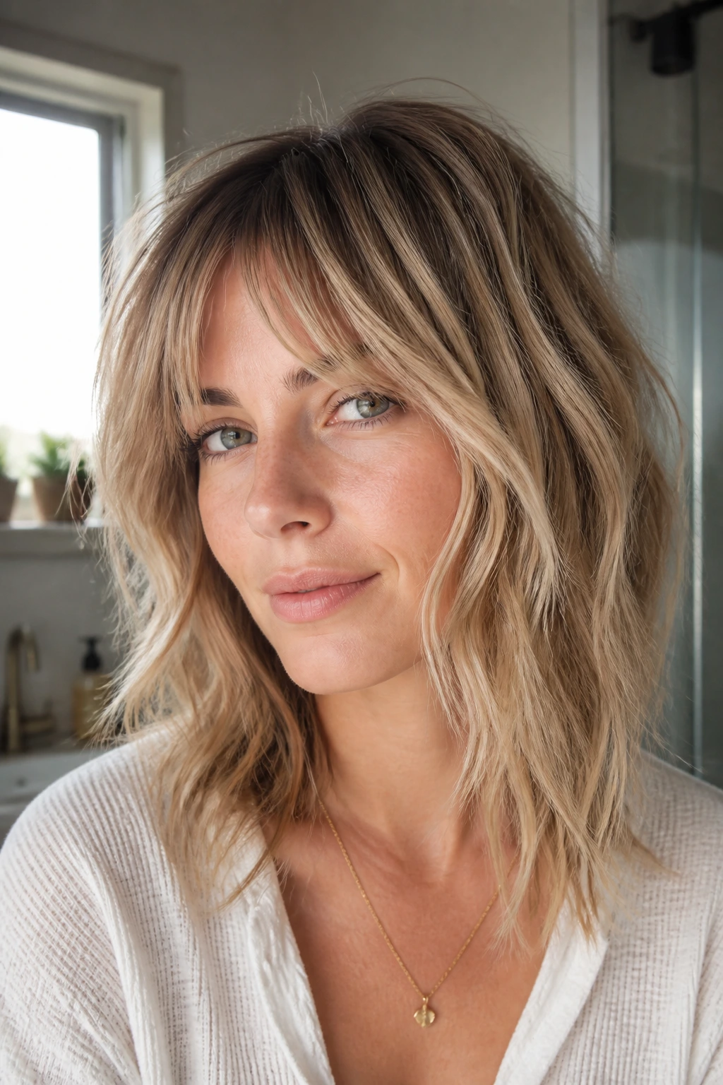 Close-up of a real woman with textured midi and bottleneck bangs
