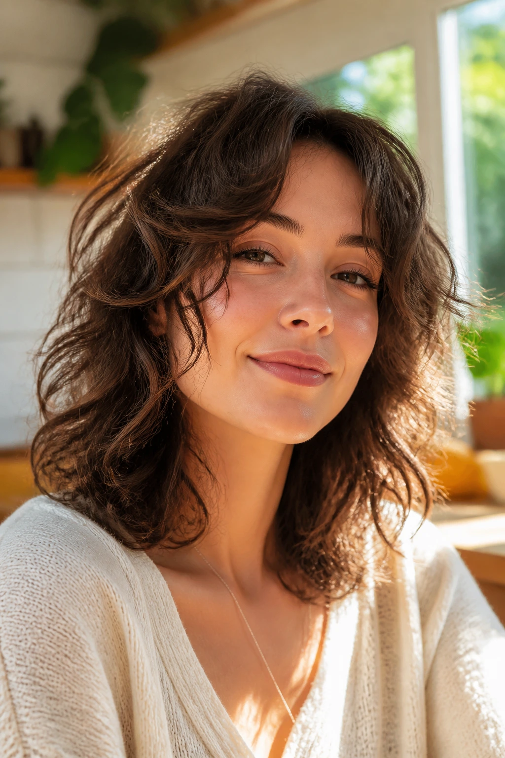 Close-up of a real person with textured mid-length hair showing movement.