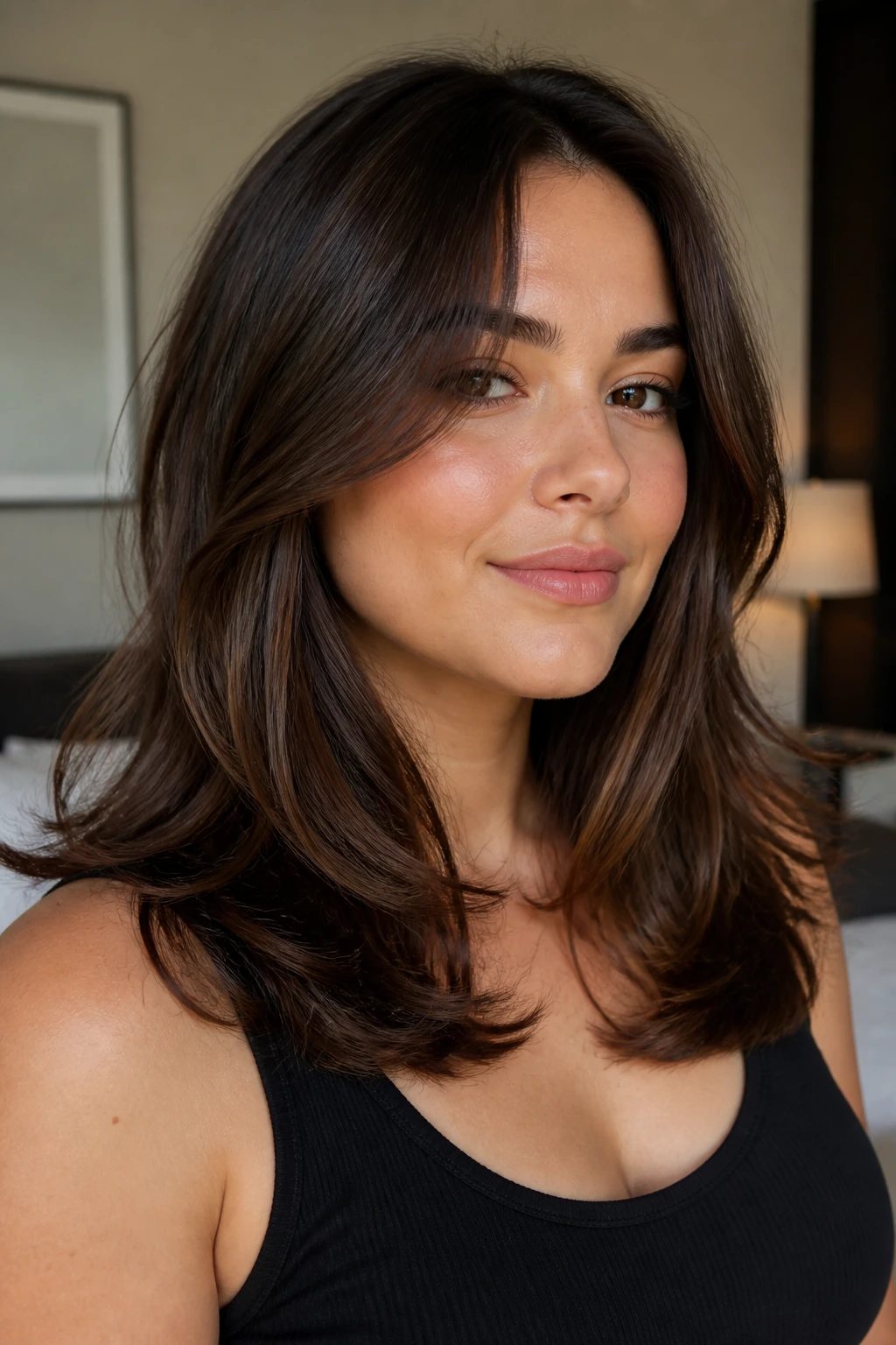Close-up of real person with textured mid-length hair and soft beveled ends