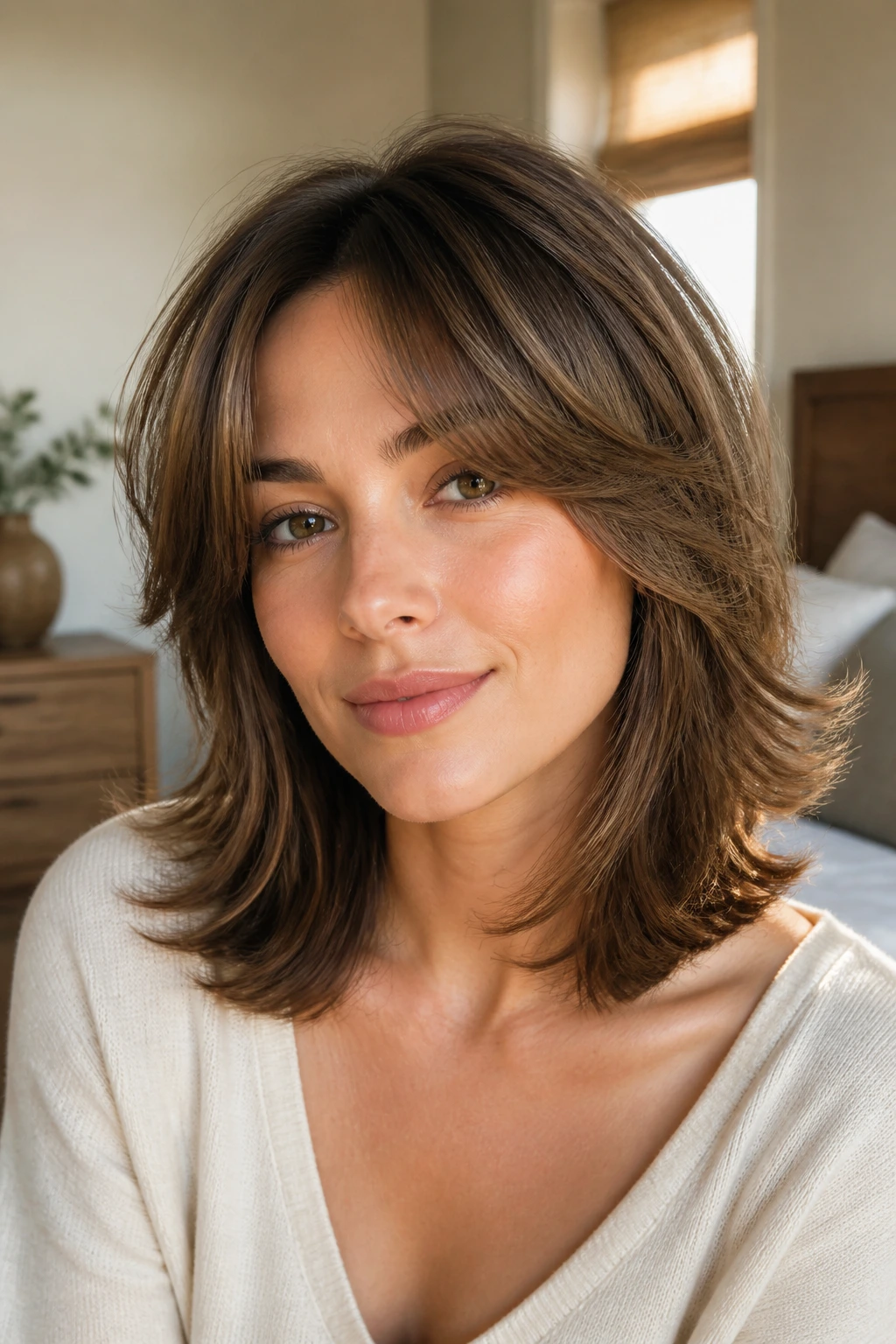 Close-up of a real person with a textured midi cut and flipped ends in a sunlit room