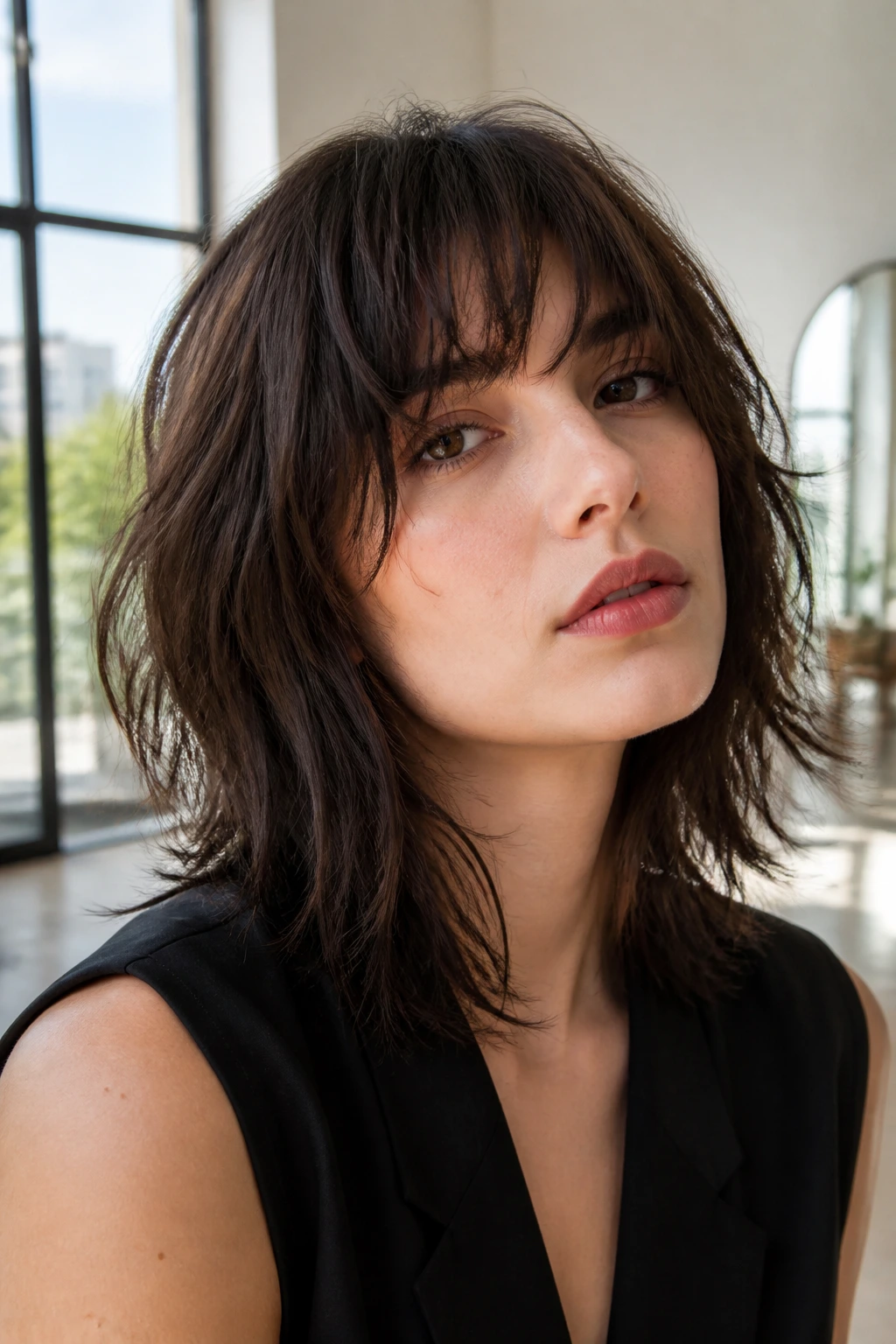 Close-up of a real woman with textured midi shag and fringe